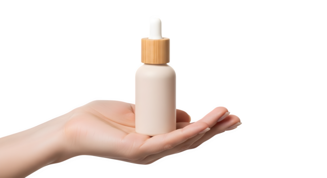 Hand holding skincare dropper bottle isolated on transparent background