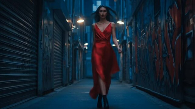 An elegant woman in a flowing red satin dress walking down a dark urban alley with graffiti at night, seamless looping 4k time-lapse animation video background. High fashion concept