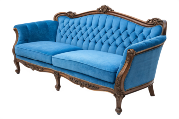 blue vintage sofa, isolated PNG