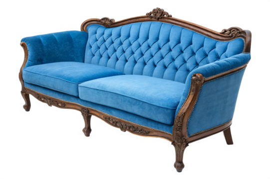 blue vintage sofa, isolated PNG