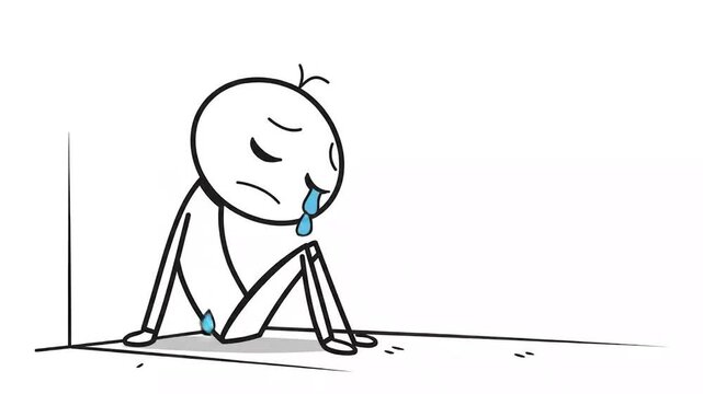 Animated Stickman Character Sitting in a Corner Crying with White Background Expressing Sadness And Loneliness for Emotional Vulnerability and Mental Health Awareness