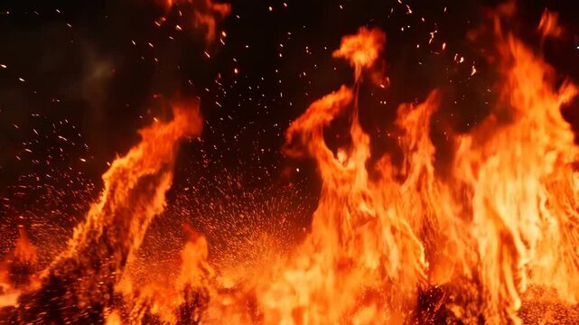 Dynamic flames dance in a fiery blaze with sparks rising in high definition