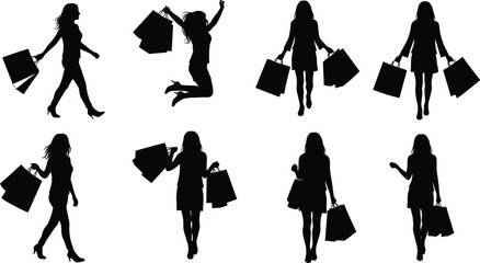 Silhouettes of women shopping, carrying bags, walking, jumping, stylish female shoppers, black vector illustration, fashion lifestyle, retail concept, elegant poses, isolated on white background
