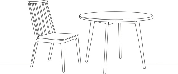 Minimalist line drawing of a wooden chair and round dining table, modern furniture, simple design, black and blue outline, isolated illustration for interior, decor, vector use