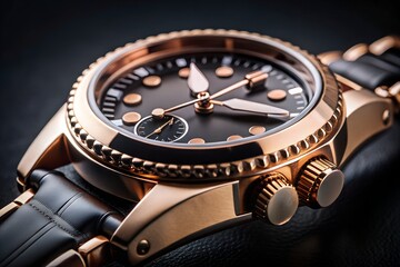 Close-up of rose gold luxury wristwatch with black dial and strap