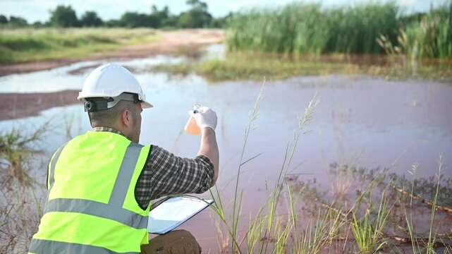 An environmental expert is collecting water samples from a natural pond to test the ecosystem for health.