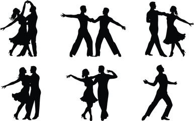 Silhouettes of dancing couples performing ballroom, tango, salsa, Latin dance moves, expressive body movements, elegant postures, partner choreography, dance art, celebration, 