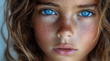 Fototapeta premium Close-up portrait of a girl with expressive blue eyes and freckles