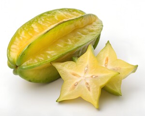 Fototapeta premium Half cut starfruit showing juicy inside star shape texture