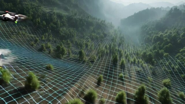 Two drones fly over a forested landscape mapped with a digital grid overlay, illustrating remote sensing technology in environmental monitoring. Climate innovation lab. 