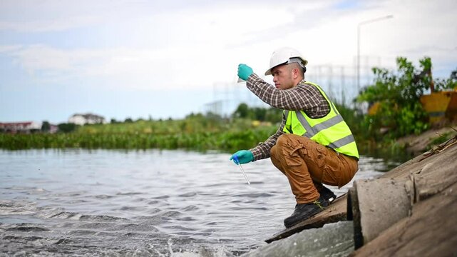 An environmental expert is collecting water samples from a treatment pond to be taken back to the lab for testing of its cleanliness.