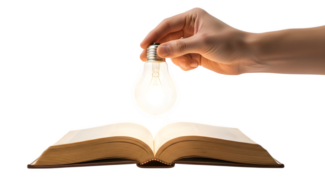 Idea illuminating open book isolated on transparent background