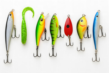 Colorful fishing lures arranged in row on white background. Set of assorted bait hooks for freshwater angling, sport fishing, tackle collection, artificial bait equipment, spinning lure selection clos