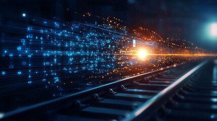 Digital train tracks with glowing data streams and light effects create futuristic atmosphere