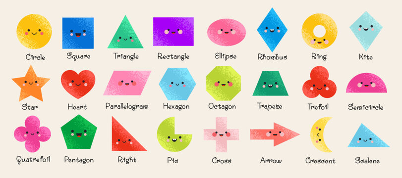 Geometric shapes for kids. A set of cute, funny basic figures with faces. Vector illustration in trendy Flat style
