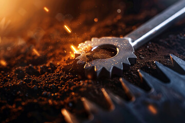 Close up of metallic tool on soil with sparks flying, showcasing craftsmanship and precision