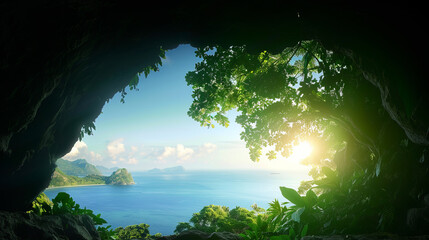 Breathtaking cliffside view from cave, showcasing vibrant nature and serene ocean