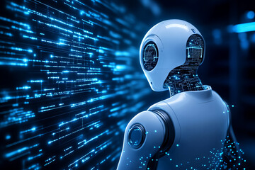 Futuristic robot with sleek design stands against backdrop of glowing data streams