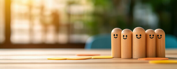 Happy wooden figures on table, symbolizing emotional growth and exploration activities