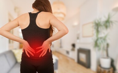 Hip joint pain, woman suffering from osteoarthritis at home, health problems concept, BeH3althy