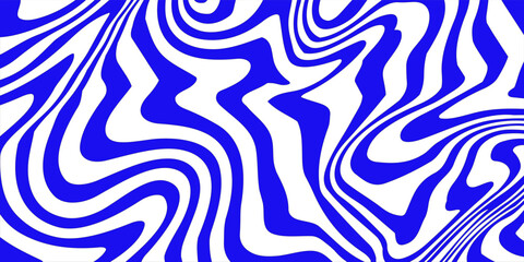 Fototapeta premium Blue wavy lines abstract background. Trendy psychedelic retro style backdrop. Waves, swirl and twirl pattern. Twisted distorted vector texture. Y2k aesthetic design