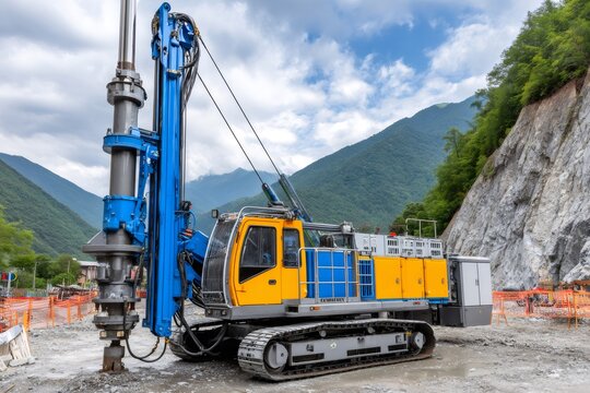 Powerful rotary drilling rig operating in mountainous terrain
