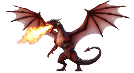 Red dragon breathing fire, 3d rendered isolated on transparent background