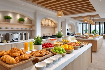 Hotel breakfast buffet offering fresh croissants, fruits, and juices