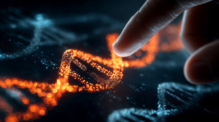 Human Finger Touching Glowing DNA Strand