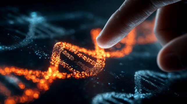 Human Finger Touching Glowing DNA Strand