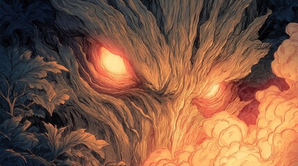 Intense dark fantasy illustration glowing eyes of mysterious gnarled tree monster