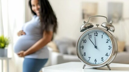 Alarm clock on the table, happy pregnant woman hugging  her stomach with her hands on background. Pregnancy and motherhood concept - Powered by Adobe
