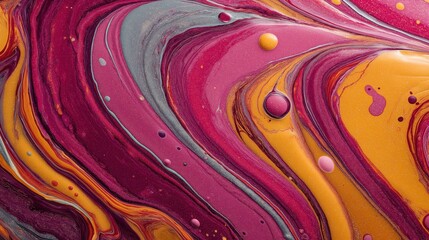 Vibrant pink magenta and orange fluid art paint swirl with glittering liquid drops