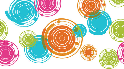 A collection of colorful concentric circles and spiral shapes scattered across a white background art design