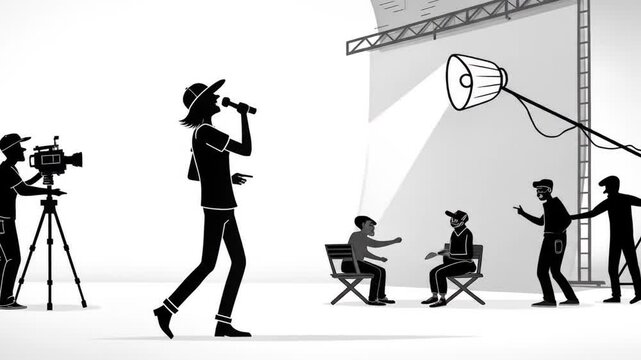 Energetic Stickman Performance on Stage with Spotlight Camera and Cheering Audience in White Background