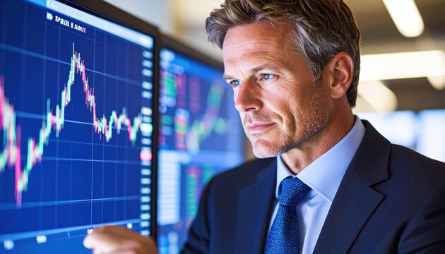 Business executive analyzing stock buyback data on computer screen with serious expression in modern office environment