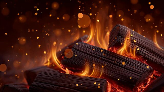 Wood is burning in fireplace with glowing embers illuminating surroundings. Warm and inviting setting ideal for relaxation at home. Concept of interior design, comfort, winter gatherings