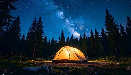 Night Camping under the Milky Way Illuminated Tent in a Pine Forest