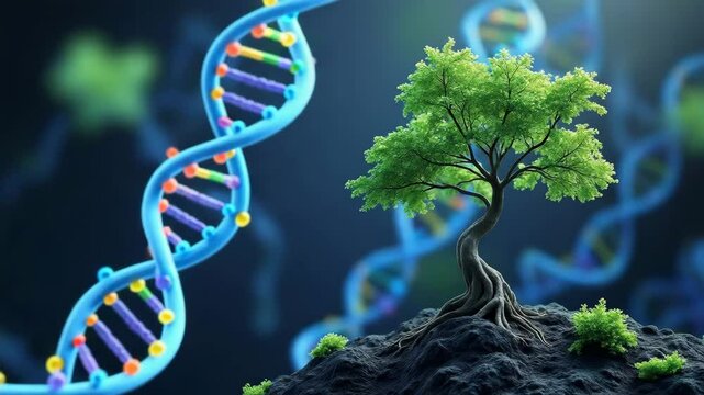 Synthetic Biology concept ,DNA strand tree nature concept green leaf rocky soil genetics symbolizing life genetic connection - Powered by Adobe