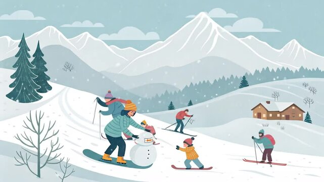 Family Enjoys Winter Sports Building Snowman with Pixel Art in a Snowy Landscape