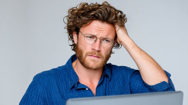 Man with glasses and a beard is sitting at a desk with a laptop. He is deep in thought, possibly working on a project or trying to solve a problem. The laptop is open in front of him