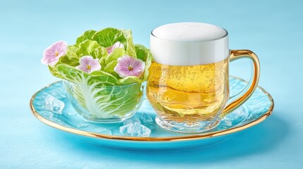 Beer and food pairing: light beer with fresh salad plate, minimal background