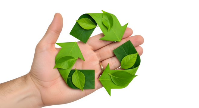 Hand holding recycling symbol made of leaves isolated on transparent background