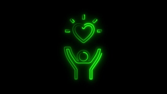 Glowing green neon heart and person celebrating on black background