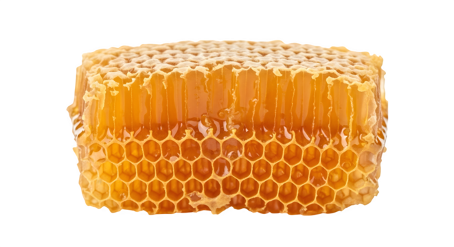 Honeycomb with dripping honey isolated on transparent background