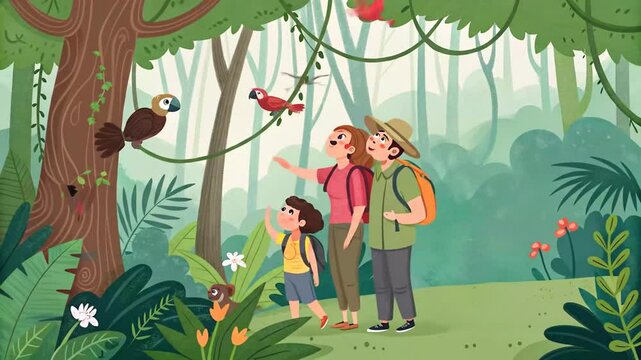 Family on Rainforest Adventure Exploring Nature with Colorful Birds Tropical Foliage and Vivid Greenery Cartoon Style