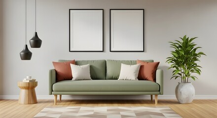 Modern Living Room Interior Design Sage Green Sofa, Neutral Decor, and Elegant Artwork