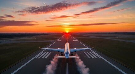 An airplane landing on the runway at an airport with a glowing core light in the background. Dramatic and cinematic scene, perfect for travel, aviation, and transportation visuals.

