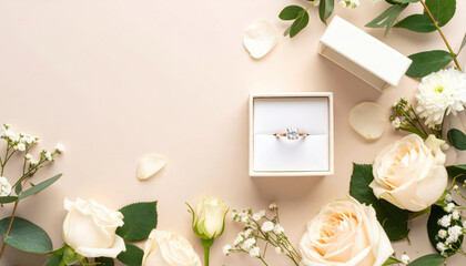 Elegant engagement ring in box surrounded by roses and petals on soft beige background
