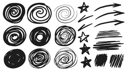 Collection of hand drawn elements including spirals stars arrows and abstract shapes on a white background